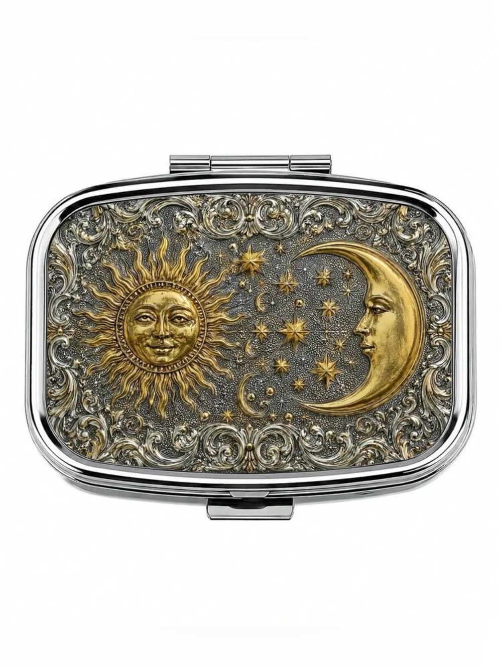 Gold Sun & Moon Pill Box - Decorative Celestial Compact